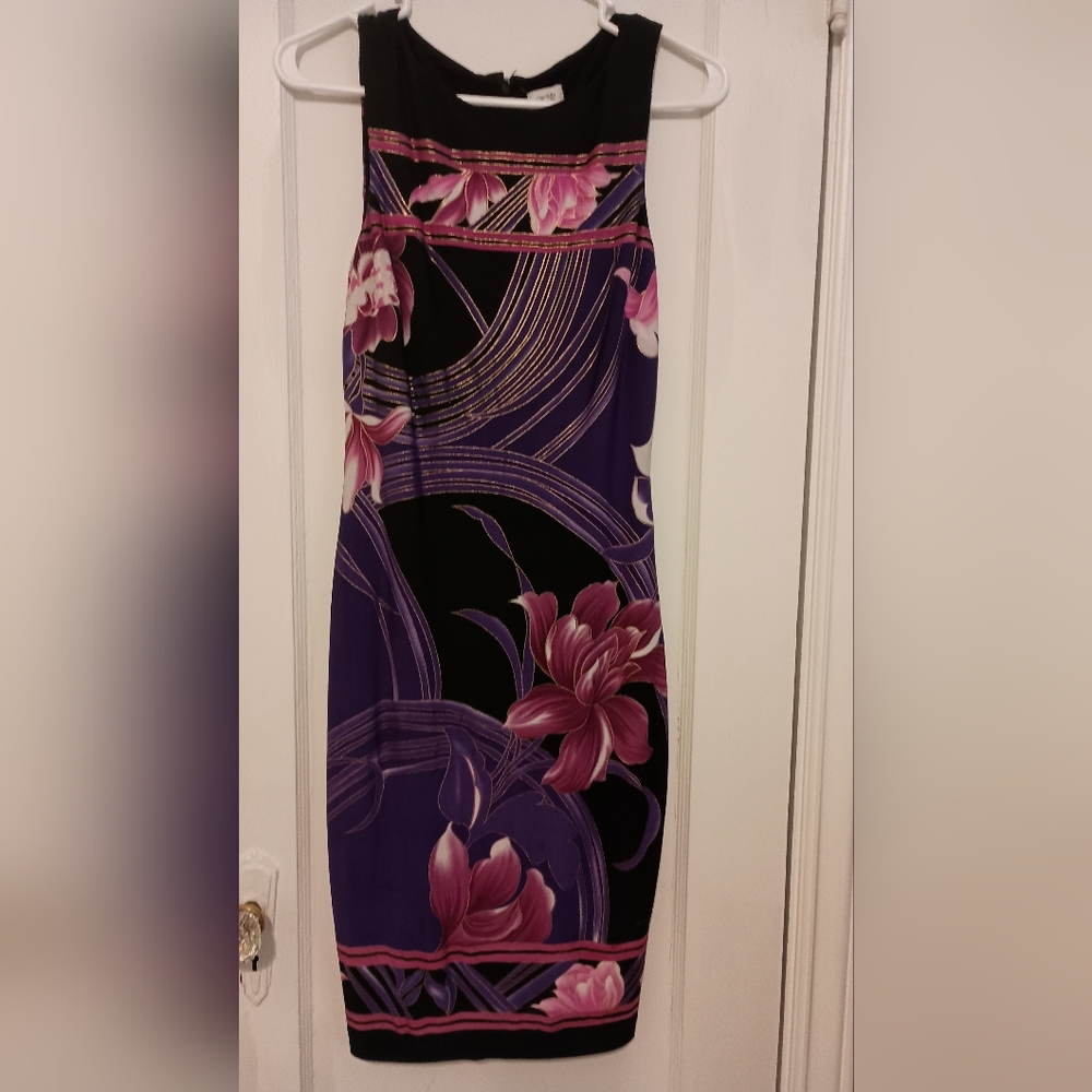 Cache size 2 fitted dress black pink purple with gold accents